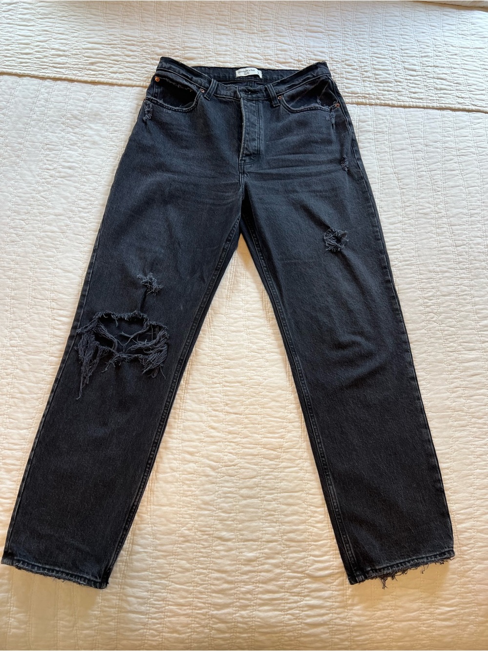 Abercrombie & Fitch Washed High Rise Black Distressed Straight Jeans